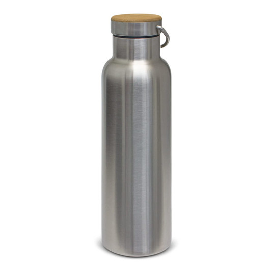 A drink bottle with a sleek stainless steel finish and a wooden cap, designed for durability and style.