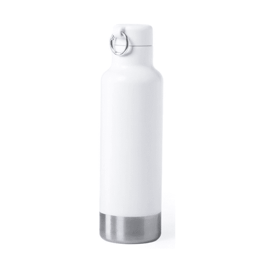 A drink bottle in white with a stainless steel bottom and a ring for attachment. It features a sleek, modern design.
