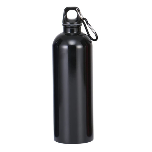 A drink bottle in sleek black metal with a carabiner clip attached. It features a smooth, reflective finish.