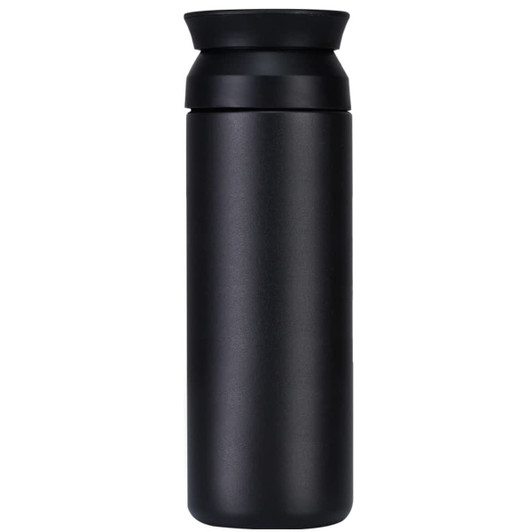 A drink bottle in sleek black with a rounded lid and a minimalistic design. Features a logo on the surface.