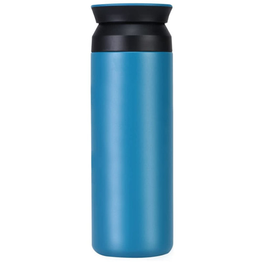 A drink bottle in a vibrant blue colour with a black lid and a sleek design. It features a logo on the side.