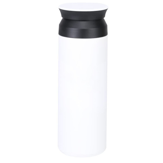 A drink bottle in white with a black lid, featuring a sleek and modern design and a logo on the front.