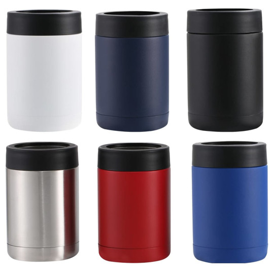 A collection of drink bottles in white, navy, black, stainless steel, red, and blue, featuring black lids and branding.