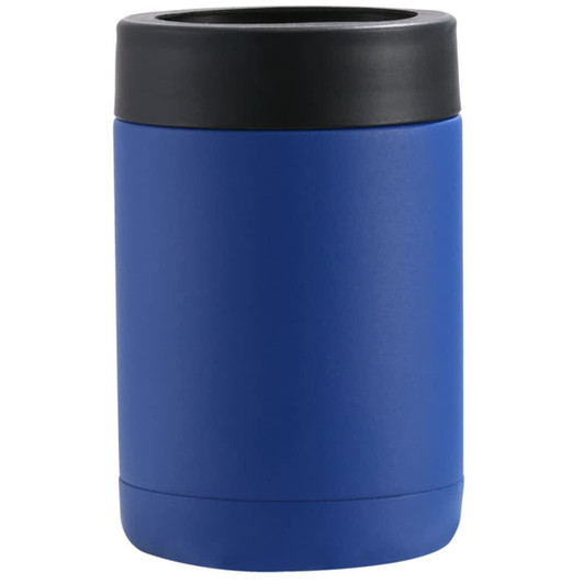 A drink bottle in a deep blue colour with a black lid and a sleek, cylindrical design. Features branding.