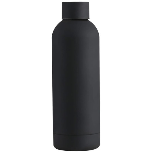 A drink bottle in matte black with a sleek, minimalist design and a rounded shape. It features a logo.