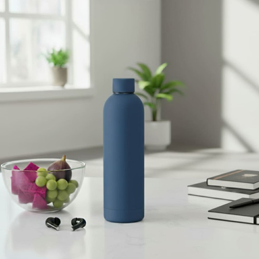 A drink bottle in navy blue with a sleek design, placed on a table next to a bowl of fruit and earbuds.