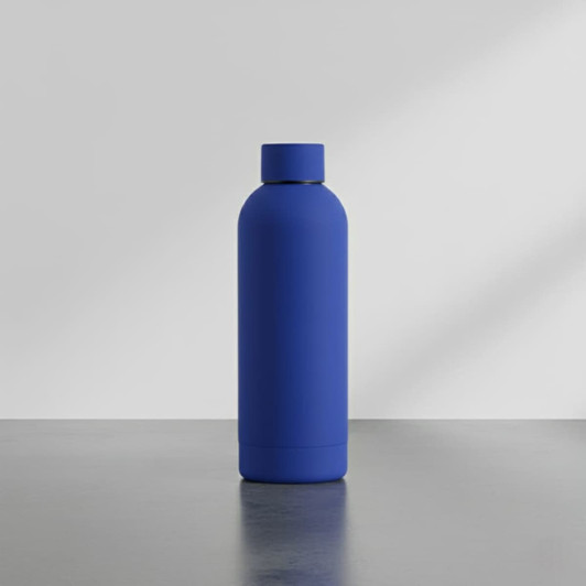 A drink bottle in a vibrant blue colour with a sleek design and a cap, featuring a logo on the surface.