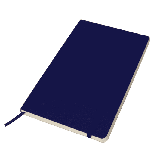 A navy blue notebook with a plain cover and an elastic band closure, featuring a ribbon bookmark.