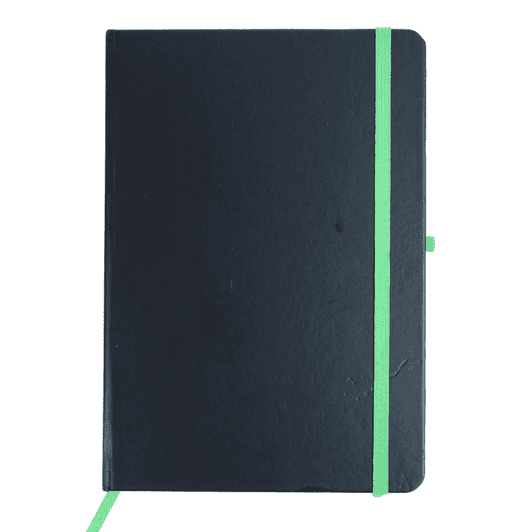 A dark blue notebook with a green elastic band and bookmark, featuring a minimalist design.