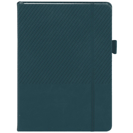 A dark teal notebook with a textured cover and a secure closure band. It features a logo on the front.