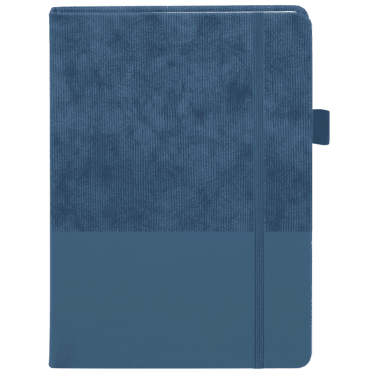 A navy blue notebook with a textured cover and an elastic band closure, featuring a branding logo.