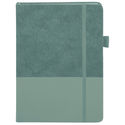 A green notebook with a textured cover and a smooth bottom section. It features a closure and a branded logo.