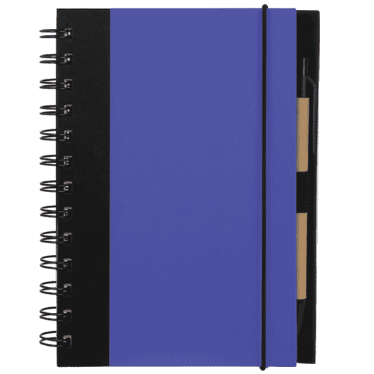A purple spiral notebook with a black cover and an elastic band, featuring a pen stored in the side.