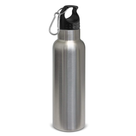 A drink bottle with a stainless steel finish and a black lid, featuring a logo and a carabiner clip.