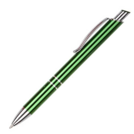 A green metal pen with silver accents and a clip, featuring a sleek design and polished finish.
