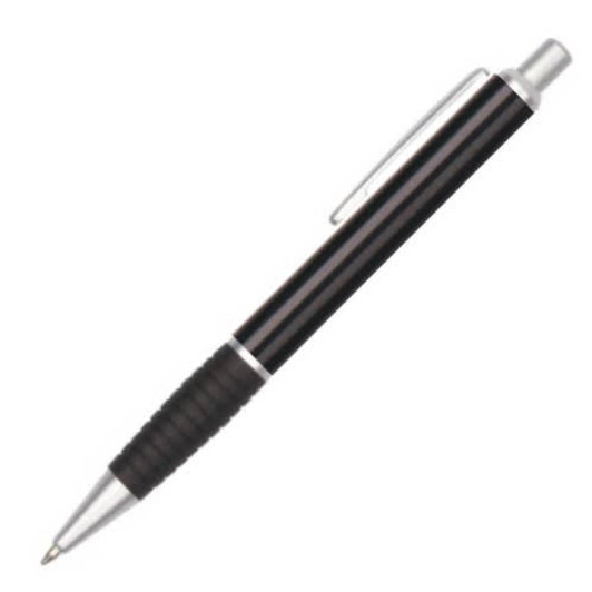 A metal pen in black with silver accents and a textured grip, featuring a clip and a brand logo.