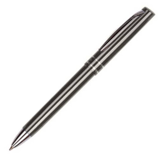 A stylus plastic pen in grey with chrome accents, featuring a sleek design and a clip.
