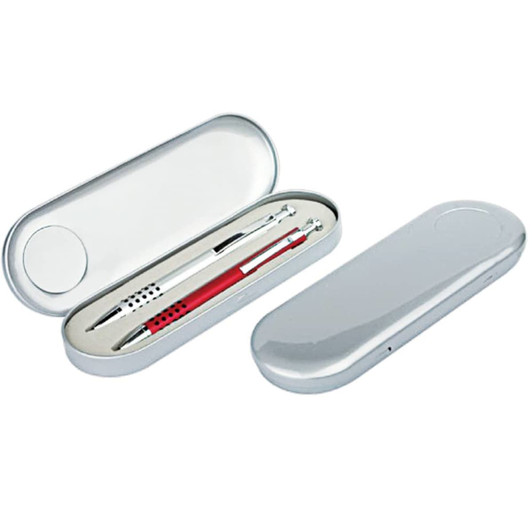 A silver case containing a red and silver pen and a stylus, featuring a logo on the case.