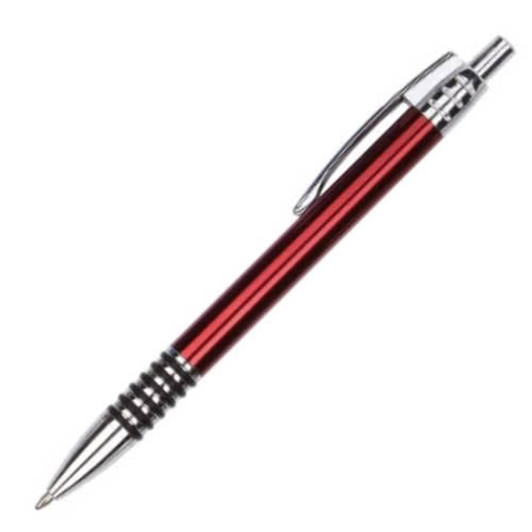 A metal pen in red with chrome accents and a textured grip, featuring a clip and a logo.