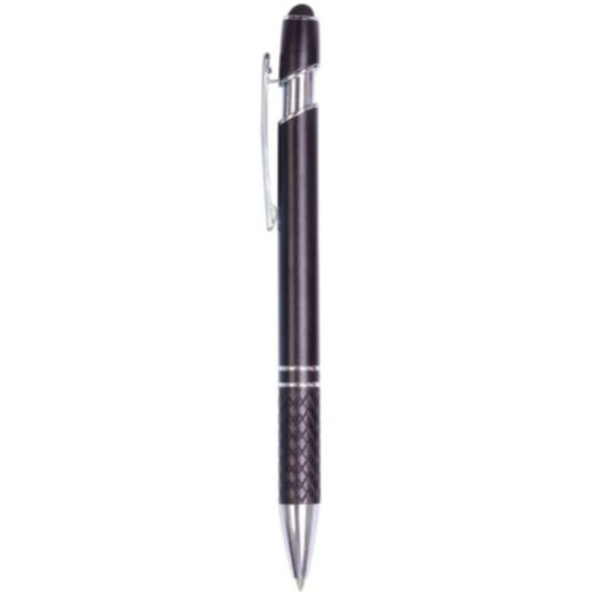 A black metal pen with a silver clip and detailing, featuring a smooth, sleek design.