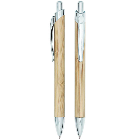 A set of metal pens with a bamboo finish and chrome accents, featuring a sleek design and a clip for attachment.