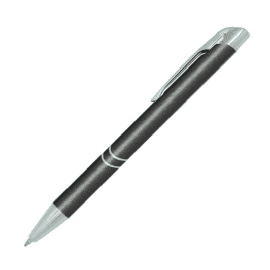 A metal pen in black with silver accents and a clip, featuring a sleek and modern design.