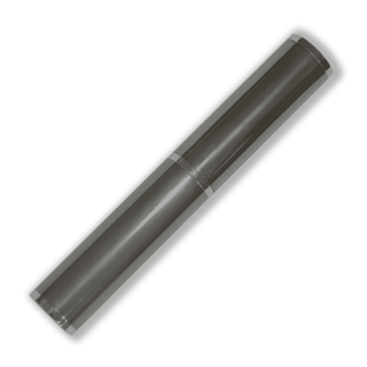 A sleek grey pen tube with silver accents, featuring a smooth cylindrical design and branding.