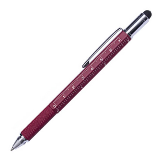 A metal pen in a burgundy finish with a textured grip and a ruler etched on the barrel, featuring a logo.