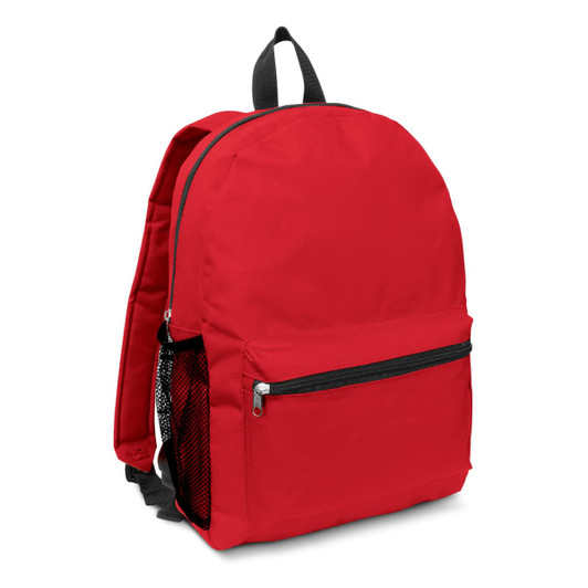A red backpack with a front pocket and a mesh side pocket, featuring adjustable shoulder straps and a logo.