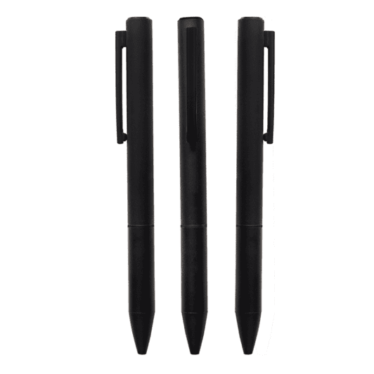Three black metal pens with a sleek design, featuring clips for attachment and a branding logo.