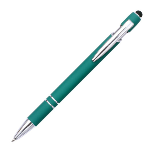 A teal stylus pen with a metallic silver clip and details. Features a smooth writing tip.