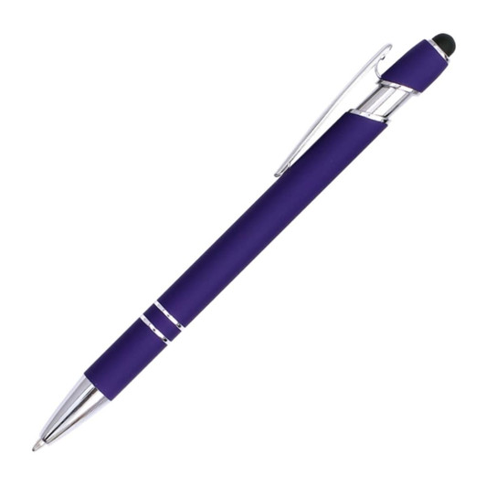 A purple stylus pen with a matte finish and a shiny silver clip and accents. It has a branding logo.