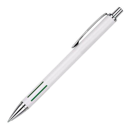 A white metal pen with silver accents and a green design element. It features a clip and a branding logo.