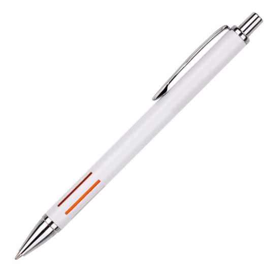 A metal pen with a white barrel, silver accents, and orange details, featuring a clip and a logo.