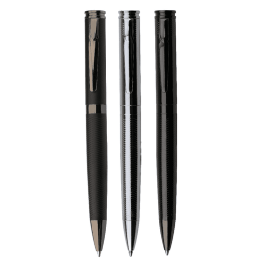 Three metal pens in black and silver, featuring a sleek design with a logo on each pen.