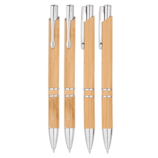 A set of four wooden pens in light bamboo with silver accents, featuring a logo on each pen.