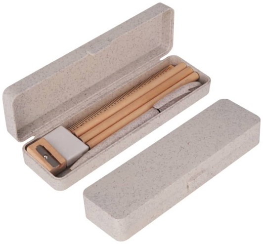 A grey case containing a wooden ruler, pencil, and other writing tools, featuring a simple design and a logo.