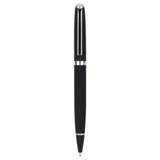 A sleek black metal pen with chrome accents and a glossy finish, featuring a branding logo.