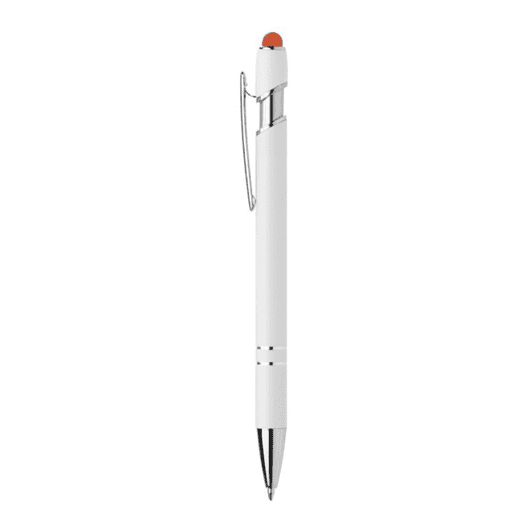 A white metal pen with a silver clip and a red top. It features a sleek, modern design.