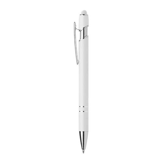 A metal pen in white with a silver clip and tip, featuring a sleek design and a logo.