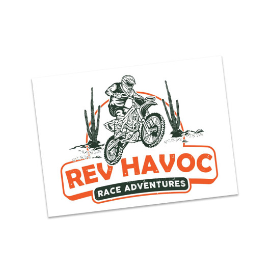 A promotional design featuring a motorcyclist and desert plants, with green, orange, and white colours. It has a logo.