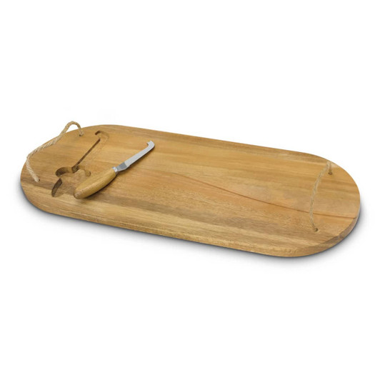 A wooden cheese board with rope handles and a metal knife, featuring a natural finish.
