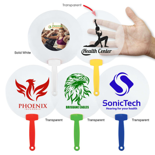 A collection of fan-shaped promotional products in white and colored handles, featuring various logos.