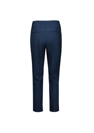 Navy blue women's 7/8 mid-waist slim leg pant with two back pockets and a logo.