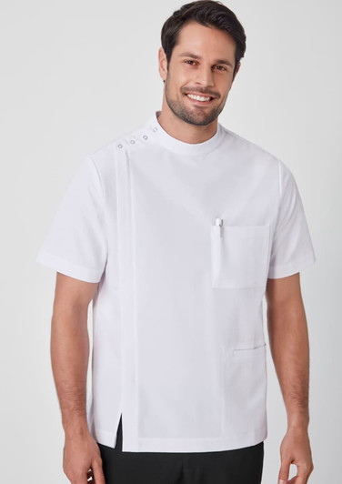 A men's white short-sleeve jacket featuring a pocket and button detail on the shoulder. The jacket has a modern, professional design.