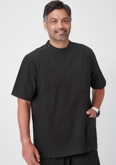 A black men's jacket with a side pocket, featuring button details and a simple, modern design.