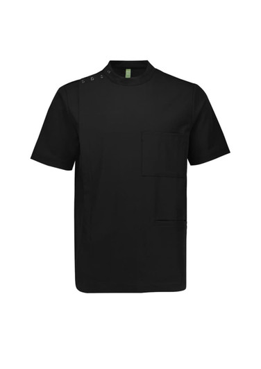 A black men's short-sleeve jacket featuring a pocket and decorative button detail on the shoulder.
