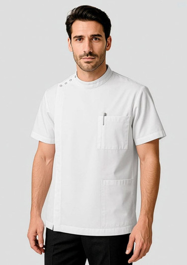 A men's white short-sleeve top featuring a pocket and buttons on the shoulder, with a logo on the chest.