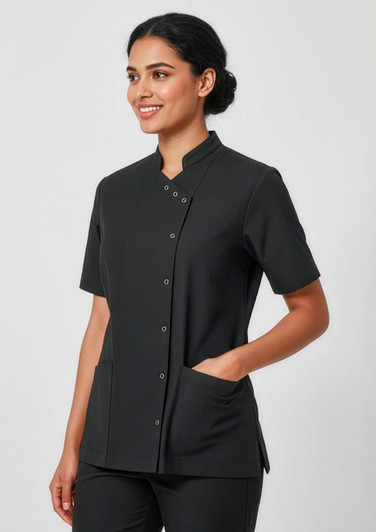 A black women's jacket featuring a high collar, short sleeves, and buttons, with pockets on the front.