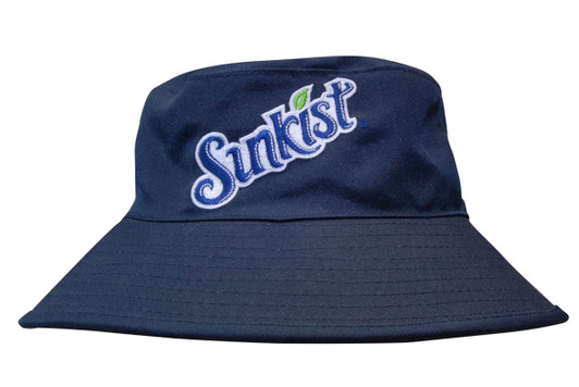 A reversible breathable poly twill bucket hat in navy blue with a logo on the front.